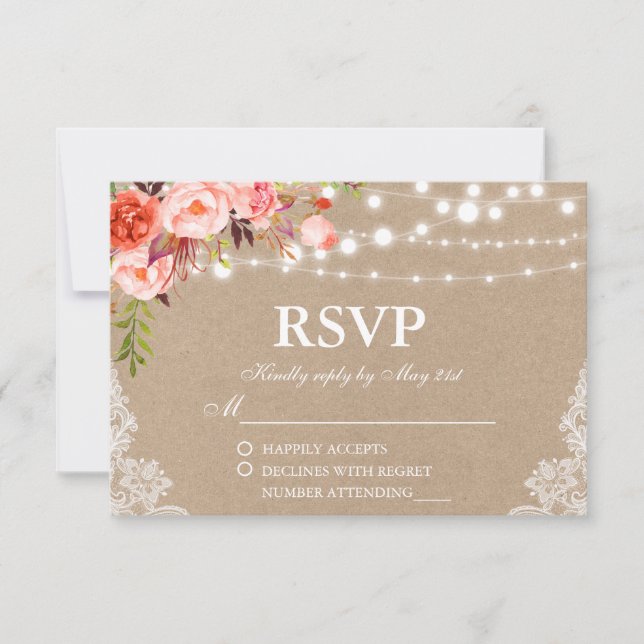 Rustic Wedding Kraft Coral Floral Lights Lace RSVP (Front)