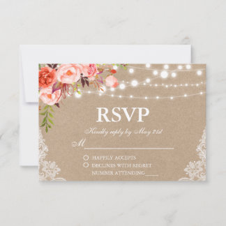 Rustic Wedding Kraft Coral Floral Lights Lace RSVP Card