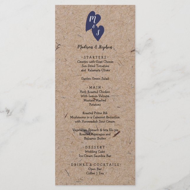 Rustic Wedding | Kraft Paper Monogram Navy Heart Menu (Front)