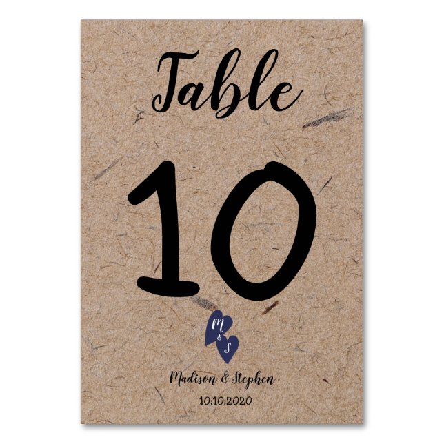 Rustic Wedding | Kraft Paper Monogram Navy Heart Table Number (Front)