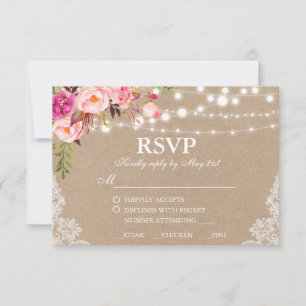 Rustic Wedding Kraft Pink Floral Lace RSVP Meal Card
