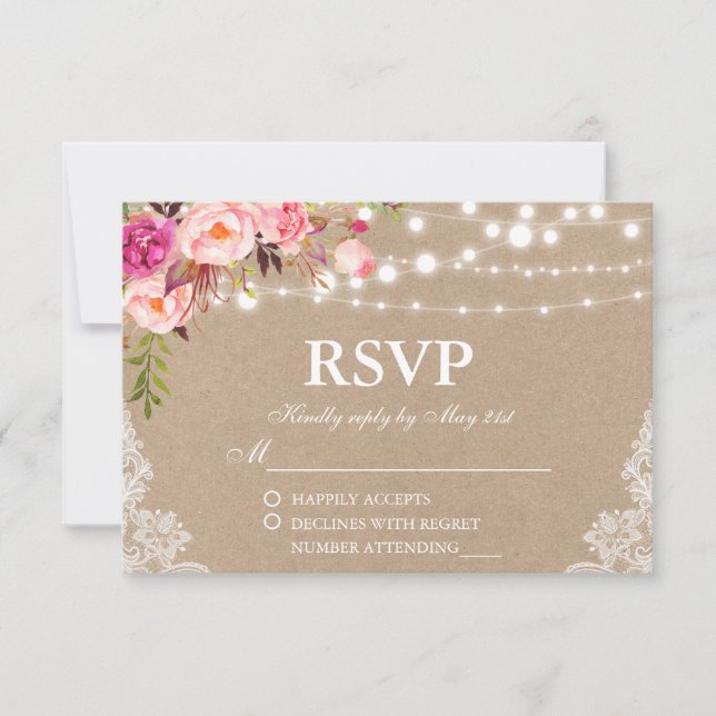 Rustic Wedding Kraft Pink Floral Lights Lace RSVP (Front)