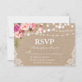 Rustic Wedding Kraft Pink Floral Lights Lace RSVP Card