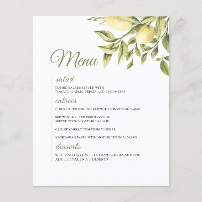 Rustic Wedding Lemon Greenery Menu (Front)