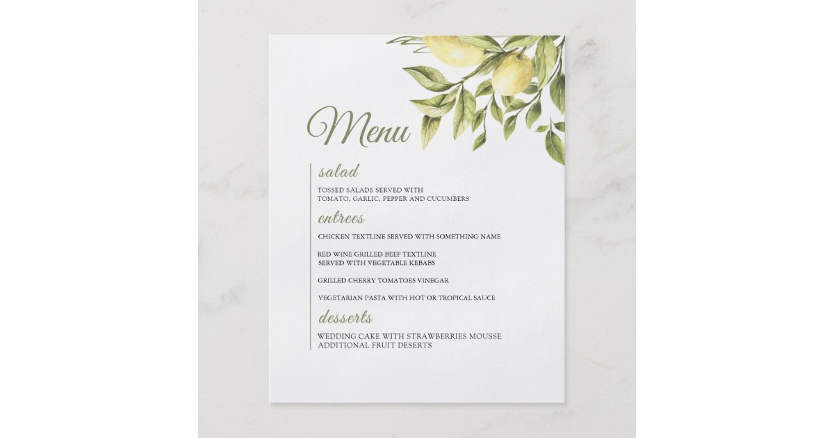 Rustic Wedding Lemon Greenery Menu | Zazzle