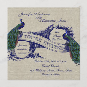 Rustic Wedding Linen Blue Peacocks Invitation