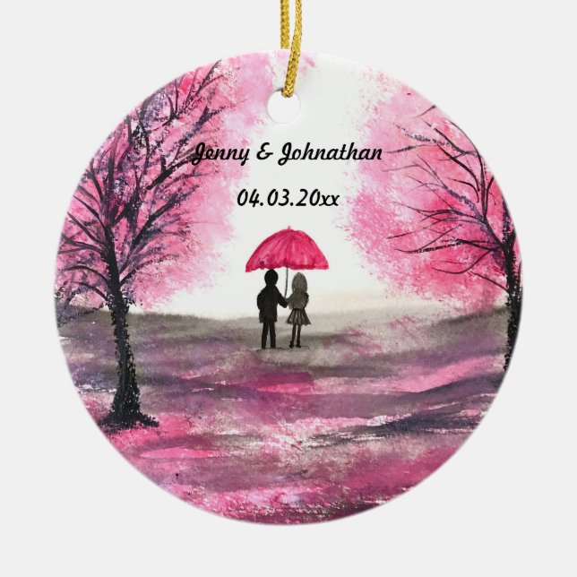 Rustic wedding love couple cherry blossoms tree ceramic tree decoration (Front)