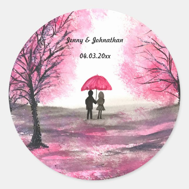 Rustic wedding love couple cherry blossoms tree classic round sticker (Front)