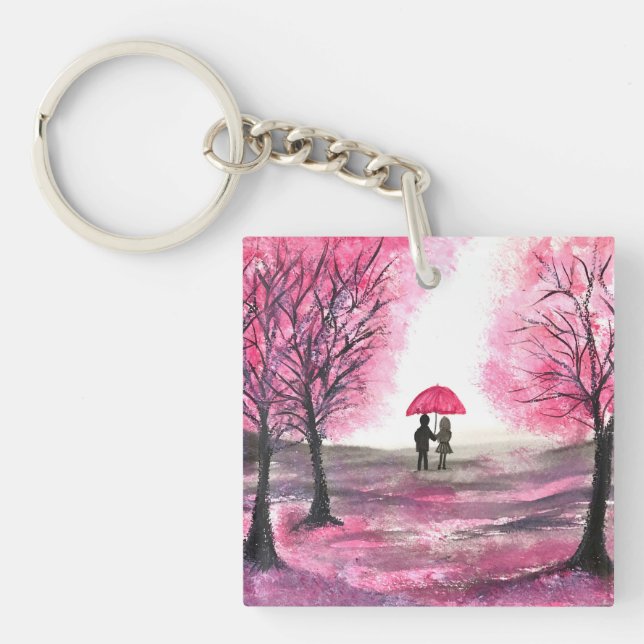 Rustic wedding love couple cherry blossoms tree key ring (Front)