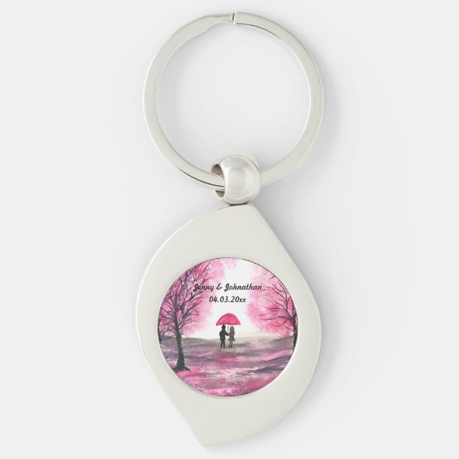 Rustic wedding love couple cherry blossoms tree key ring (Front)