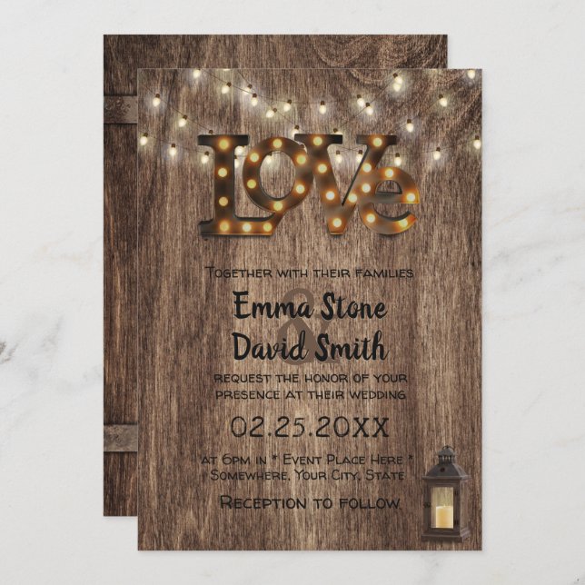 Rustic Wedding Love Sign Lantern & String Lights Invitation (Front/Back)