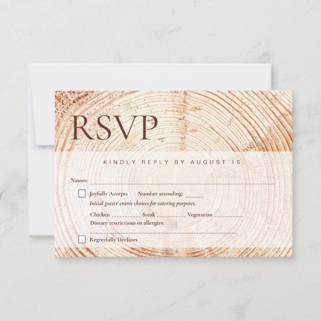Rustic Wedding meal choices Wood tree bark  RSVP Card (Front)