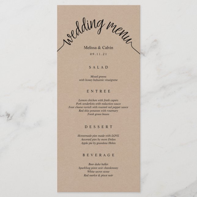 Rustic Wedding Menu Brown Kraft Card (Front)