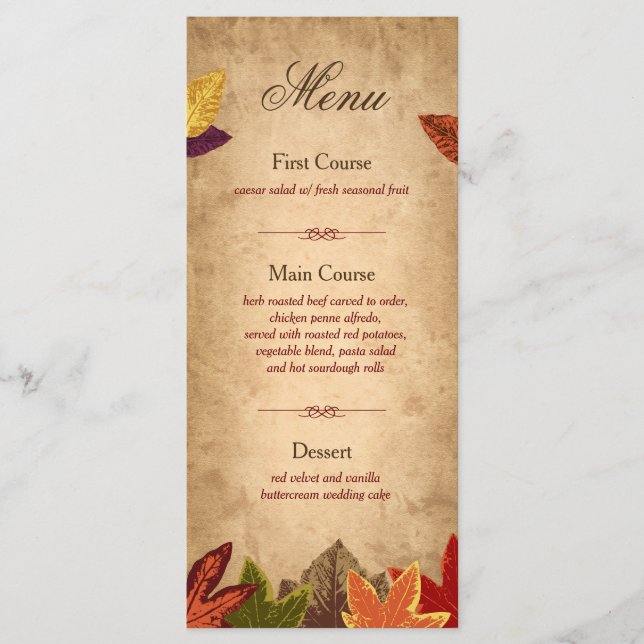 Rustic Wedding Menu Rack Card | Fall Theme (Front)