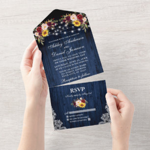 Rustic Wedding Mixed Floral Blue Wood Lace Lights All In One Invitation