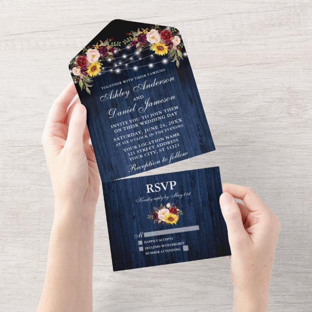 Rustic Wedding Mixed Floral Blue Wood Lights All In One Invitation (Tearaway)