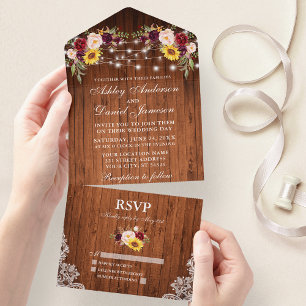 Rustic Wedding Mixed Floral Wood Lace Lights All I In One Invitation