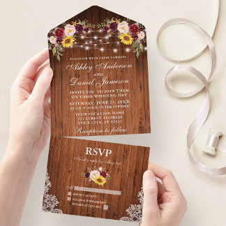Rustic Wedding Mixed Floral Wood Lace Lights All I In One Invitation