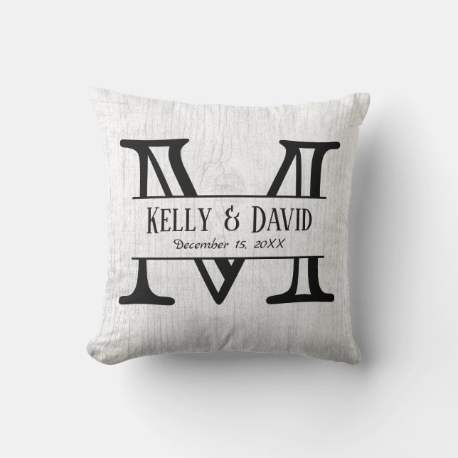 Rustic Wedding Monogram Elegant White Wood Cushion (Front)