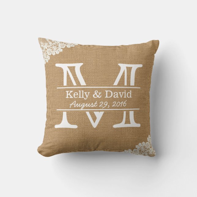 Rustic Wedding Monogram Faux Burlap & Lace Cushion (Front)