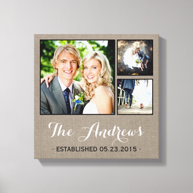 Rustic Wedding Monogram Photo Collage Canvas Print (Front)