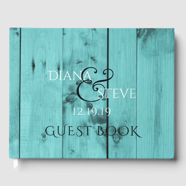Rustic Wedding Monogram | Turquoise Weathered Wood Guest Book (Front)