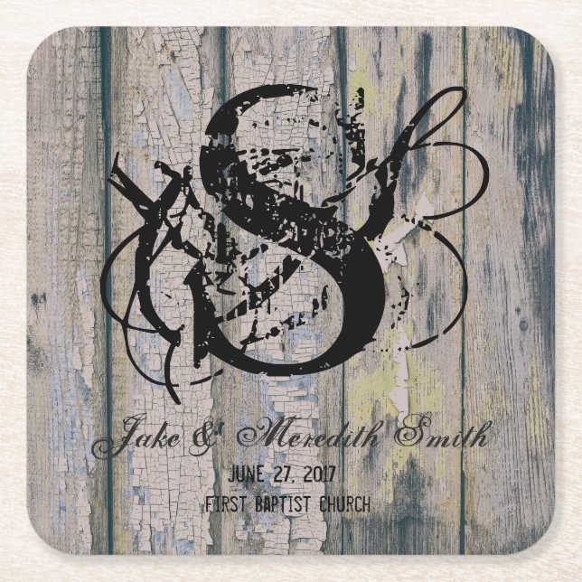 Rustic Wedding Monogram Wood Background Coasters (Front)