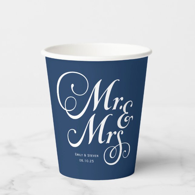 Rustic wedding mr & mrs Navy Blue personalised Paper Cups (Front)