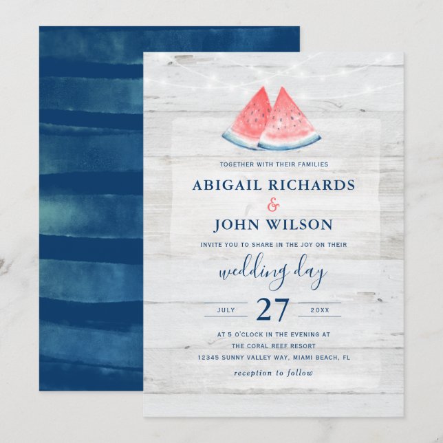 Rustic Wedding Navy Coral Watercolor Watermelon Invitation (Front/Back)