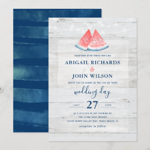 Rustic Wedding Navy Coral Watercolor Watermelon Invitation