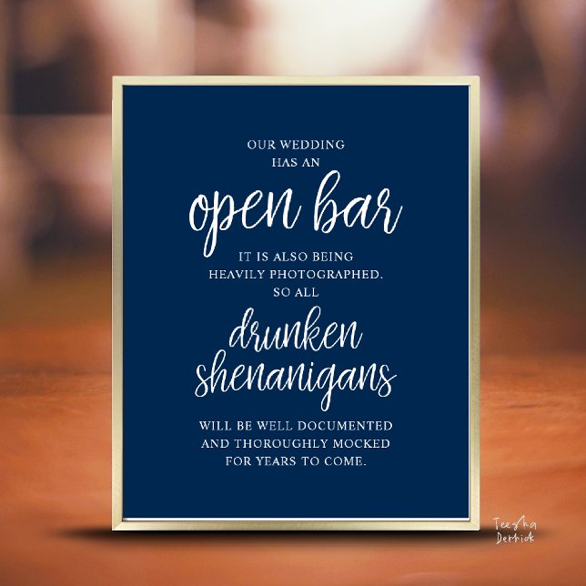 Rustic Wedding Open Bar, Drunken Shenanigans Poster (Modern Rustic Wedding Open Bar Drunken Shenanigans Poster in Classy Navy Blue)