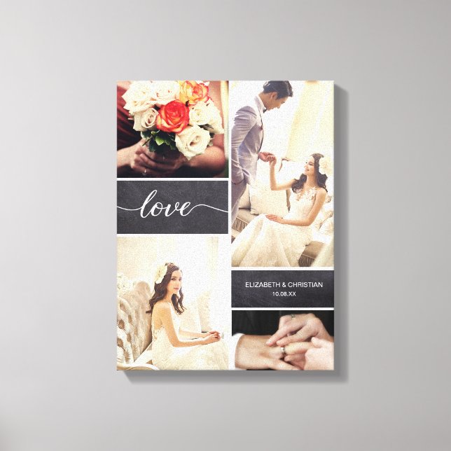 Rustic Wedding Photo Collage Love script Canvas Print (Front)