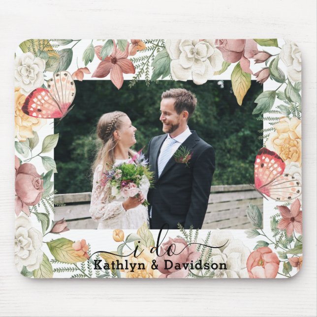Rustic Wedding Photo Floral Pink Butterfly I Do Mouse Mat (Front)