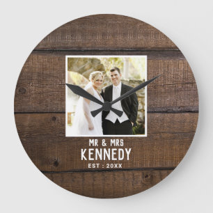 Rustic Wedding Photo Name Dark Brown Wood Plank Large Clock