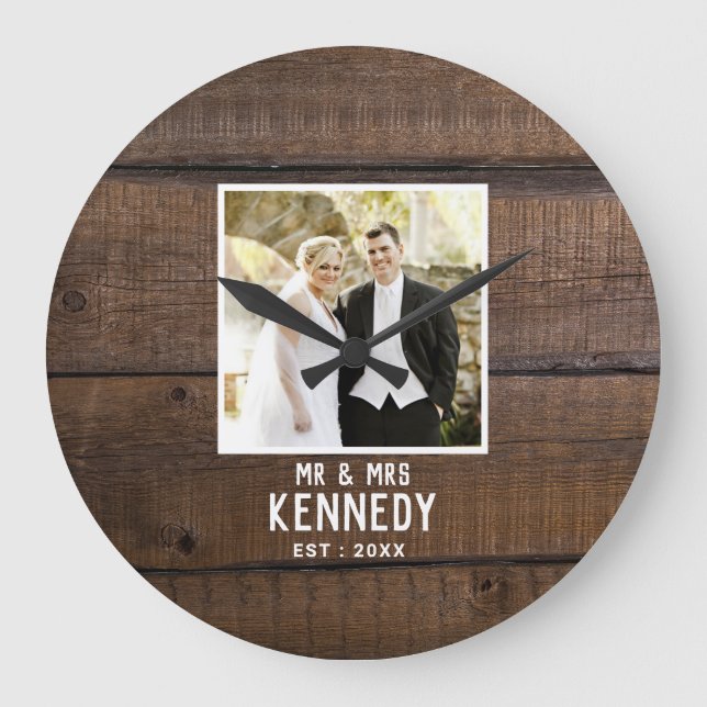 Rustic Wedding Photo Name Dark Brown Wood Plank Large Clock (Front)