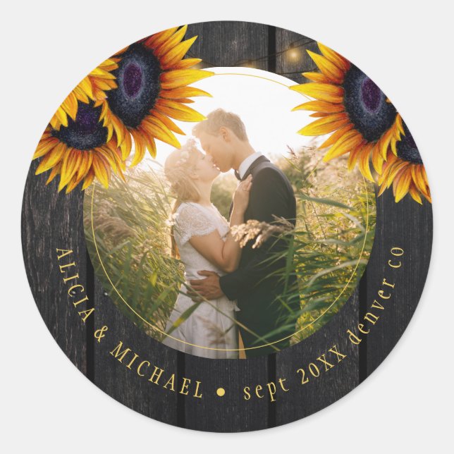 Rustic wedding photo personalised sunflowers wood classic round sticker (Front)