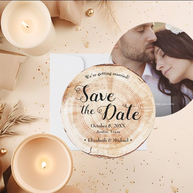Rustic Wedding photo Wood Grain Save the date  Inv Invitation (Unique round Wedding save the date, wood cut slice with instant customizable photo website and names)