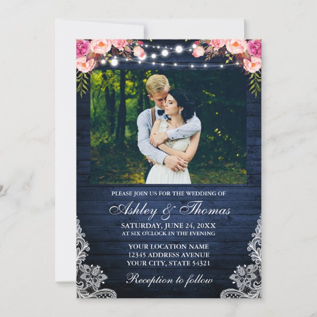 Rustic Wedding Pink Floral Blue Wood Lights Photo Invitation (Front)