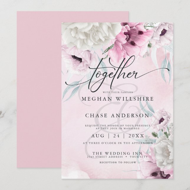  Rustic Wedding Pink Floral Invitation (Front/Back)
