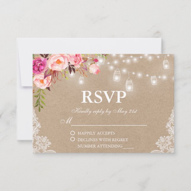 Rustic Wedding Pink Floral Lights Jars Kraft RSVP (Front)