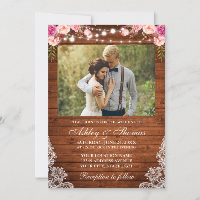 Rustic Wedding Pink Floral Wood Lights Lace Photo Invitation (Front)