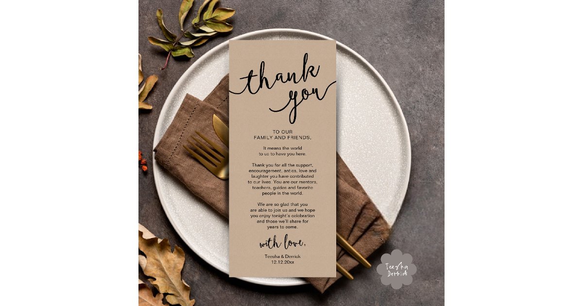 Rustic Wedding Place Setting Dinner Thank you Card | Zazzle