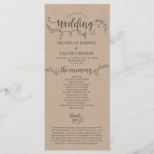 Rustic Wedding program card in kraft background