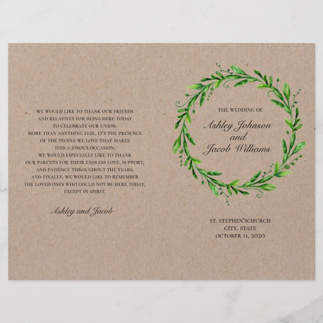 Rustic wedding program. Country green botanical (Front)