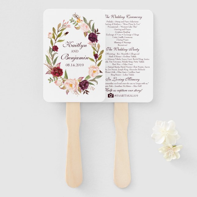 Rustic Wedding Program Fan - Watercolor Flowers (Front and Back)