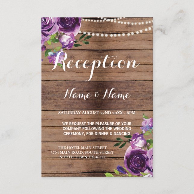 Rustic Wedding Reception Cards Purple Wood Flowers (Front)