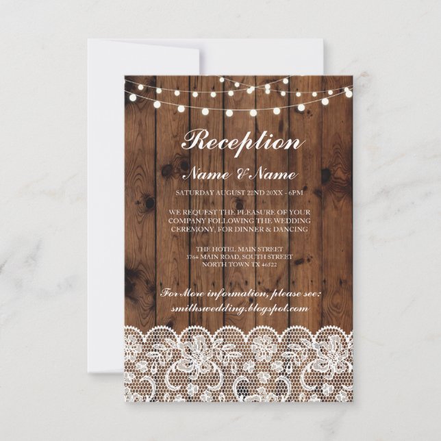 Rustic Wedding Reception Cards Wood Lace Lights (Front)