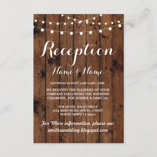 Rustic Wedding Reception Cards Wood Lights (Front)