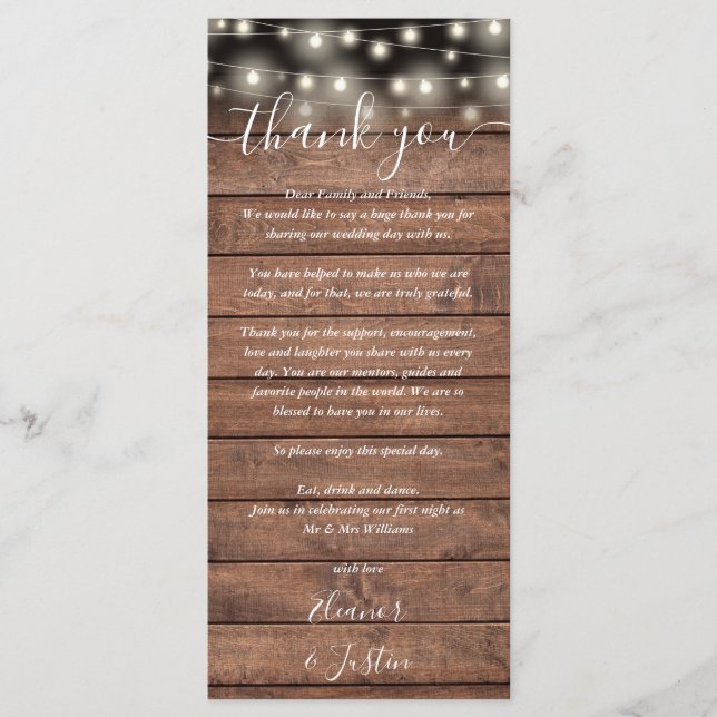 Rustic Wedding Reception Thank You Place Card (Front)