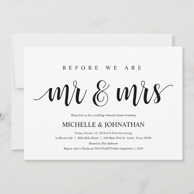 Rustic Wedding Rehearsal Dinner, Black and White Invitation (Front)